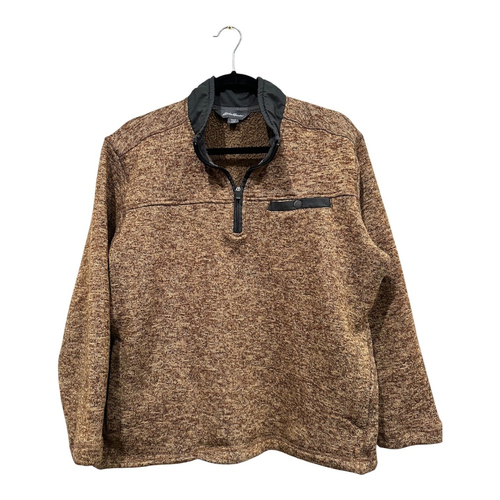 Eddie Bauer Mens Brown Marled Quarter Zip Fleece Pullover Sweater Size Medium